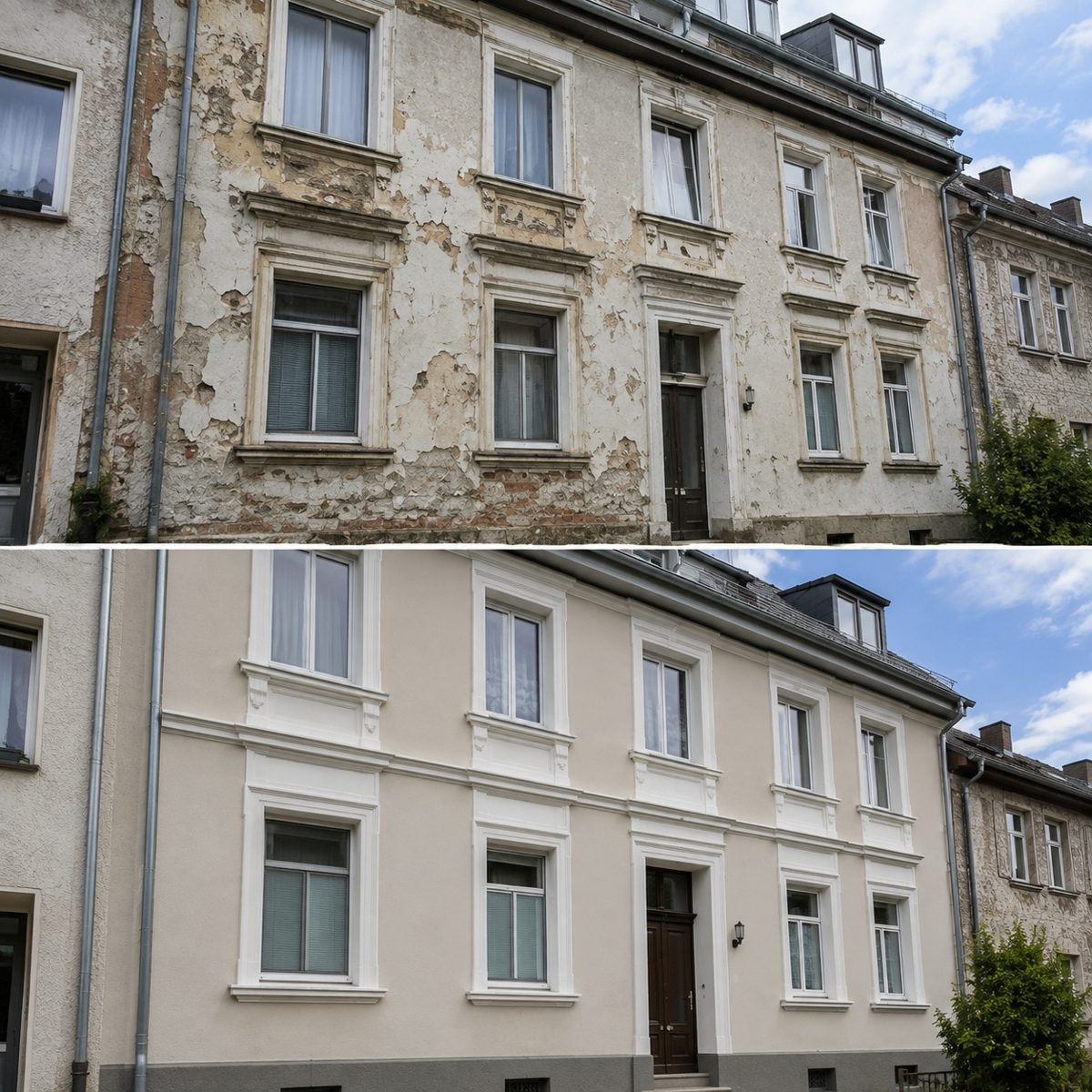 Vorher & Nachher &ndash; Fassadensanierung | Sanierung H&A Bau GmbH