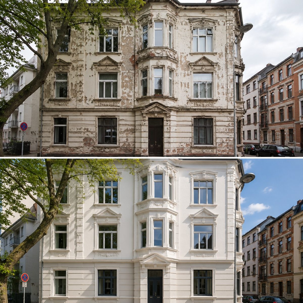Vorher & Nachher &ndash; Altbaufassade | Sanierung H&A Bau GmbH
